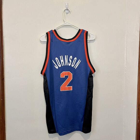 1990s New York Knicks Larry Johnson #2 Champion Jersey Blue Black NBA NY 44 L
